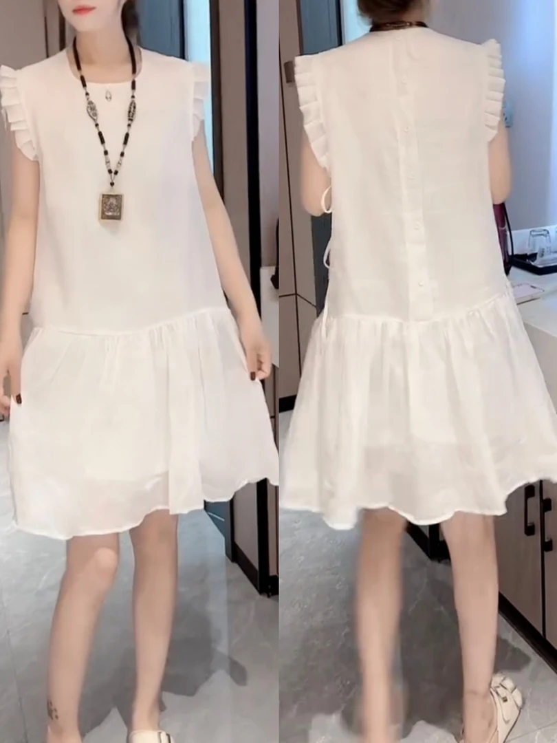 夏季新款时尚花边拼接连衣裙圆领无袖洋气减龄宽松显瘦气质中长裙