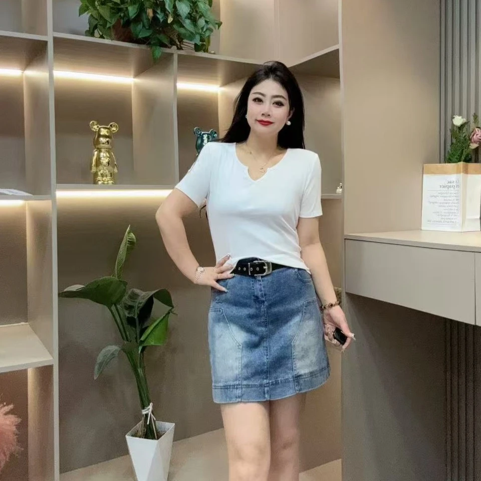 夏季半袖-甜 3732时尚洋气潮流领口休闲百搭显瘦胖MM大码女装新款