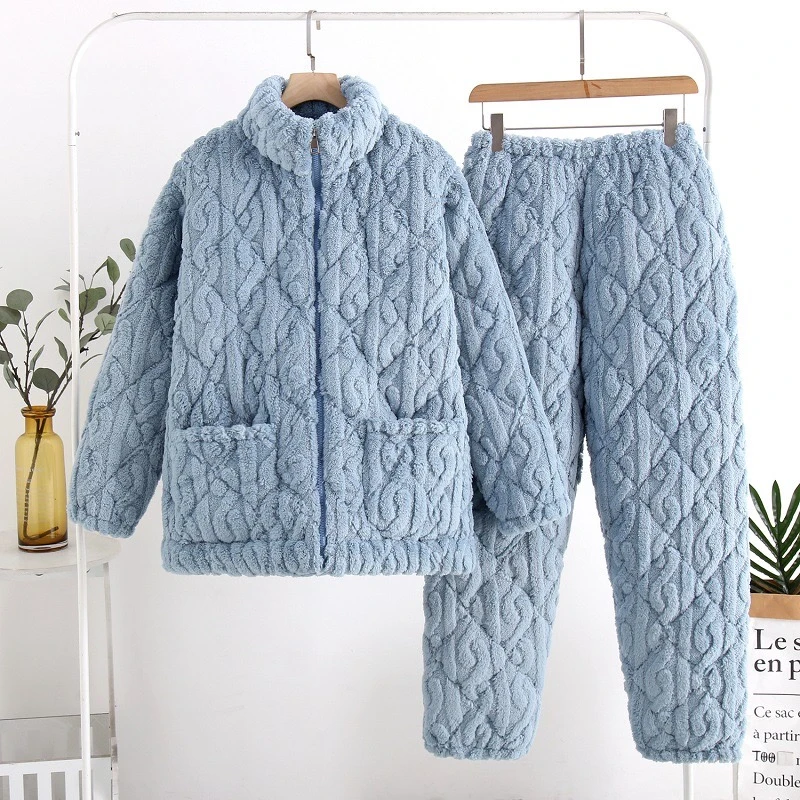 睡衣女士冬季珊瑚绒三层加厚加绒保暖夹棉法兰绒春秋冬天款家居服