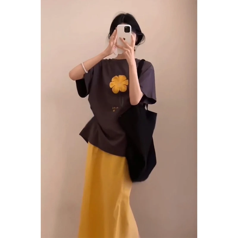 2025夏季新款韩系穿搭宽松印花圆领T恤上衣气质高腰显瘦A字半身裙