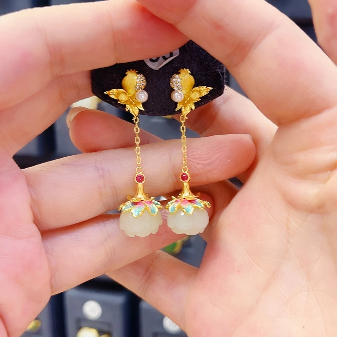 和田玉银S925镀金镶嵌耳饰