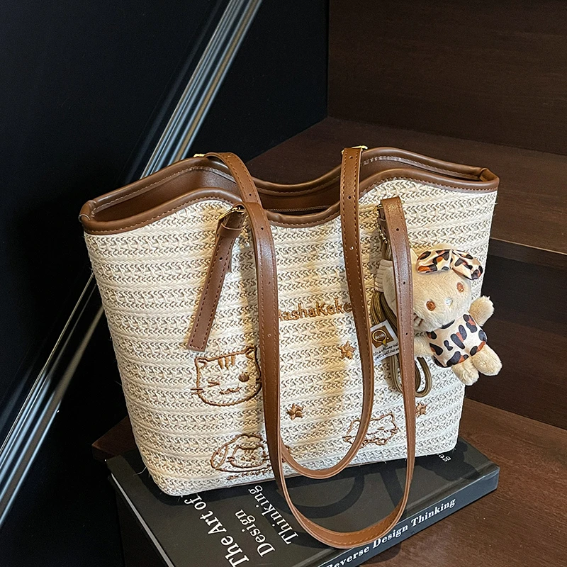 时尚百搭通勤大容量包包女式2025新款单肩包超火编织托特包草编包