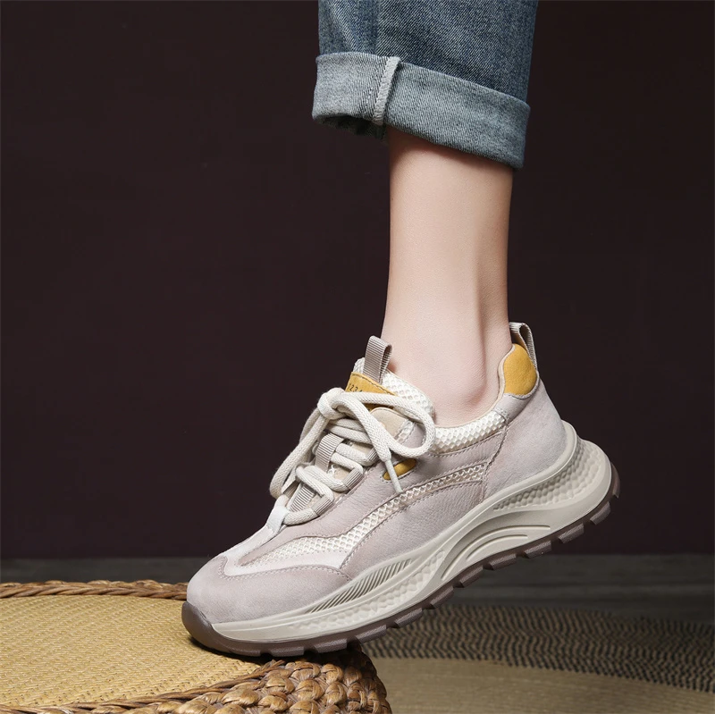 96981春新款复古磨砂真皮阿甘鞋女时尚系带老爹鞋厚底拼色华夫