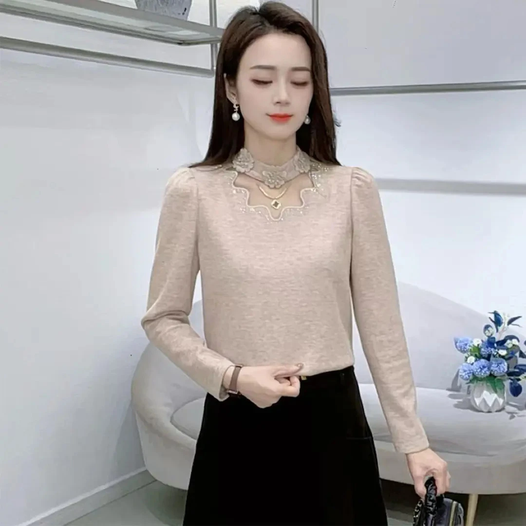 加绒加厚花边拼接镂空打底衫女2025冬季新款洋气质半高领内搭上衣