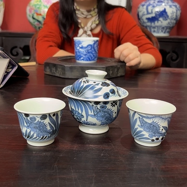 瓷盖碗青花鱼藻纹一盖碗二杯