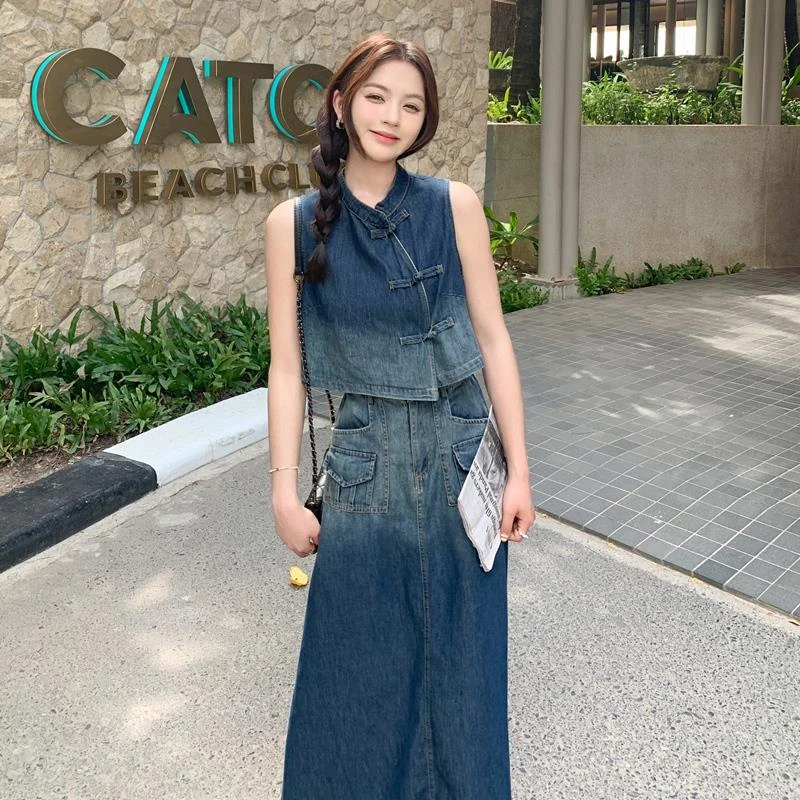 新中式又a又飒薄牛仔背心上衣套装女夏新款显瘦气质半身裙两件套