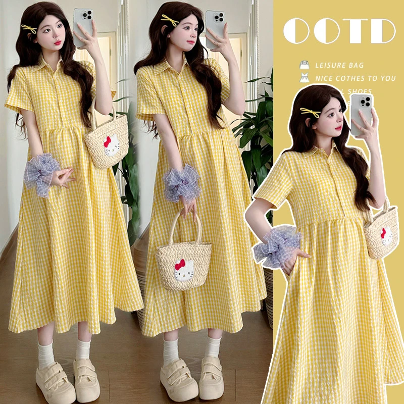 【小清】2025新款夏季翻领小清新黄色格子孕期连衣裙漂亮独特女