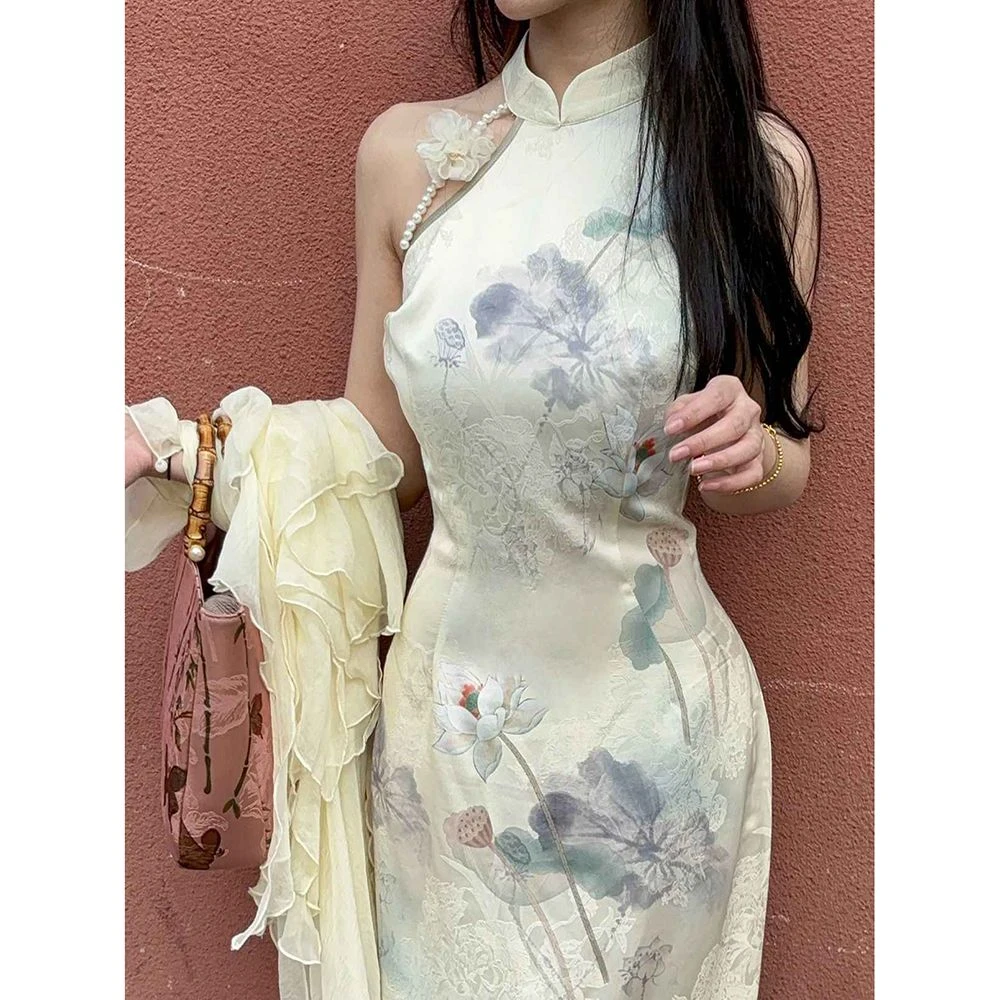 温柔改良少女超仙古风禅意纯欲性感新中式印花旗袍年轻款连衣裙子