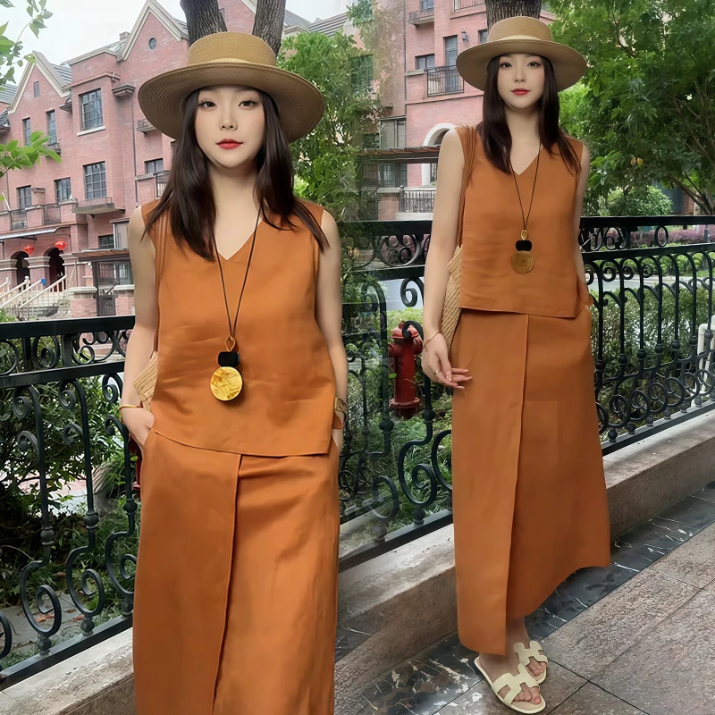 慵懒风休闲套装女2026夏季新款百搭纯色v领无袖背心半身裙两件套