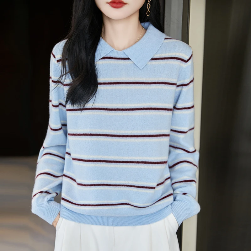 神仙配色~新款长袖条纹翻领套头羊毛衫女毛衣打底衫气质百搭
