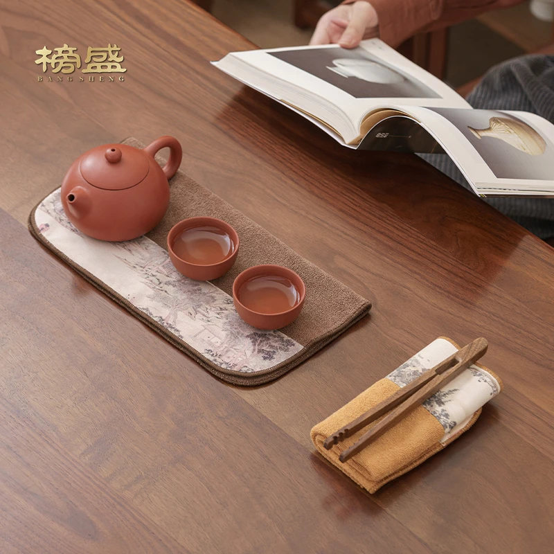 榜盛彩绘茶布茶巾垫纯棉吸水加厚新中式茶桌茶具高档毛巾茶席抹布