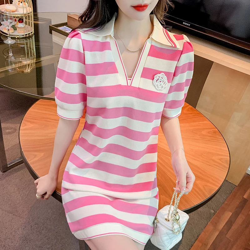 慵懒风上衣法式甜美拼色条纹polo领连衣裙女夏季新款宽松减龄设计