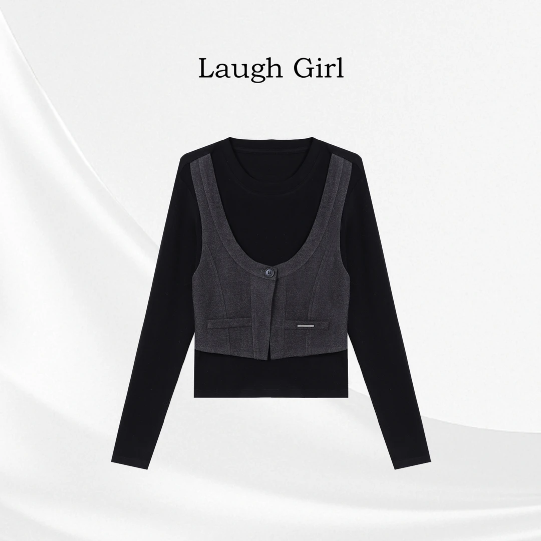 楚楚君 Laugh girl【与秋漫漫】德绒圆领假两件气质上衣CL55029J