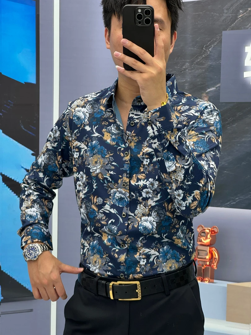 25秋季（轩诚）桑蚕丝绵羊毛印花高品质男士时尚百搭玫瑰长衬衫