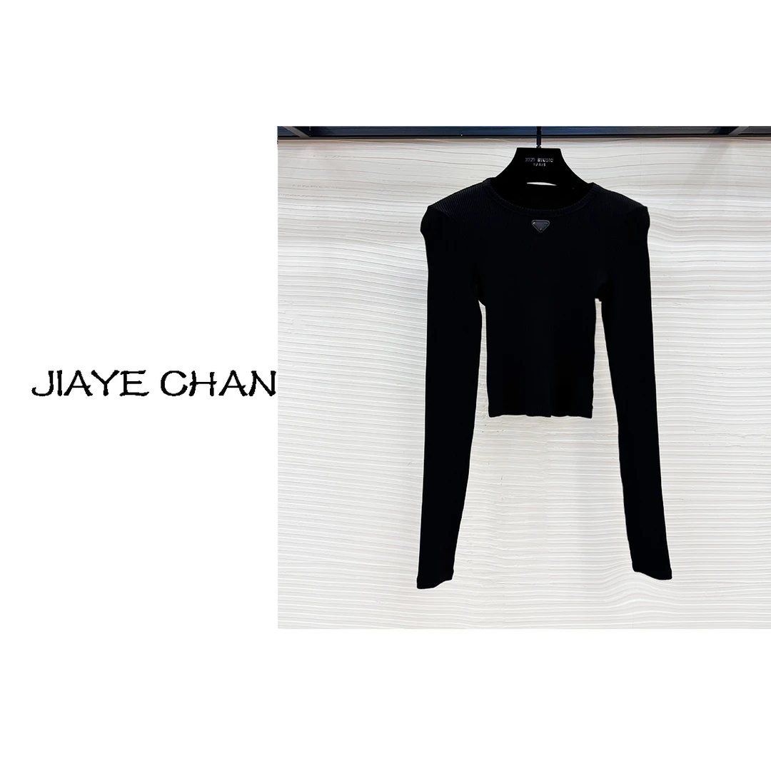 【西西高定】高级感黑色修身圆领短款长袖上衣