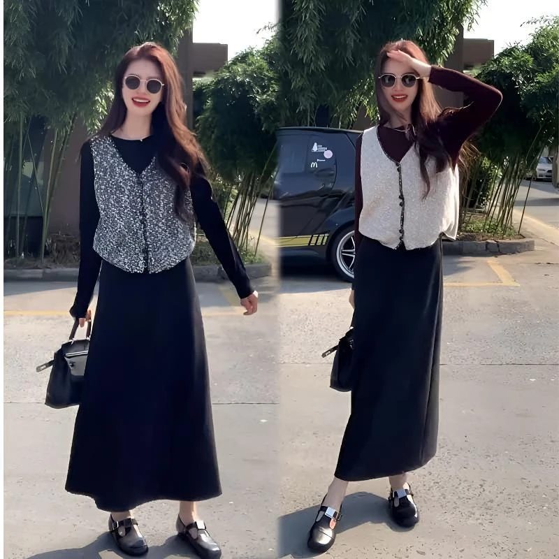 2025秋季新款设计感老钱风无袖马甲女长袖上衣休闲半身裙三件套装