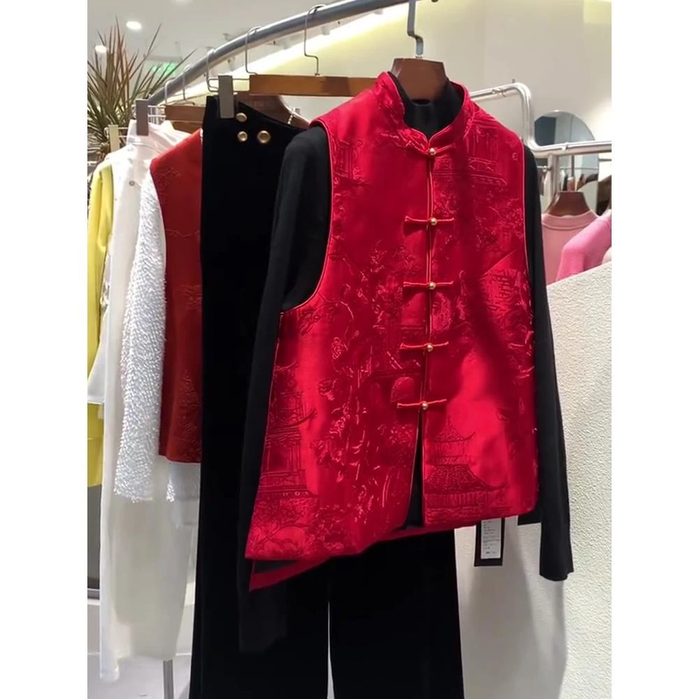 本命年新中式国风小衫女2024年早秋红色无袖上衣叠穿盘扣马甲背心