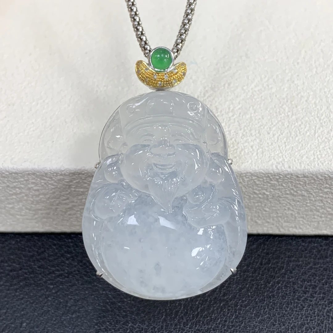 新品推荐·18k金冰种白冰财神爷翡翠玉石吊坠缅A冰润