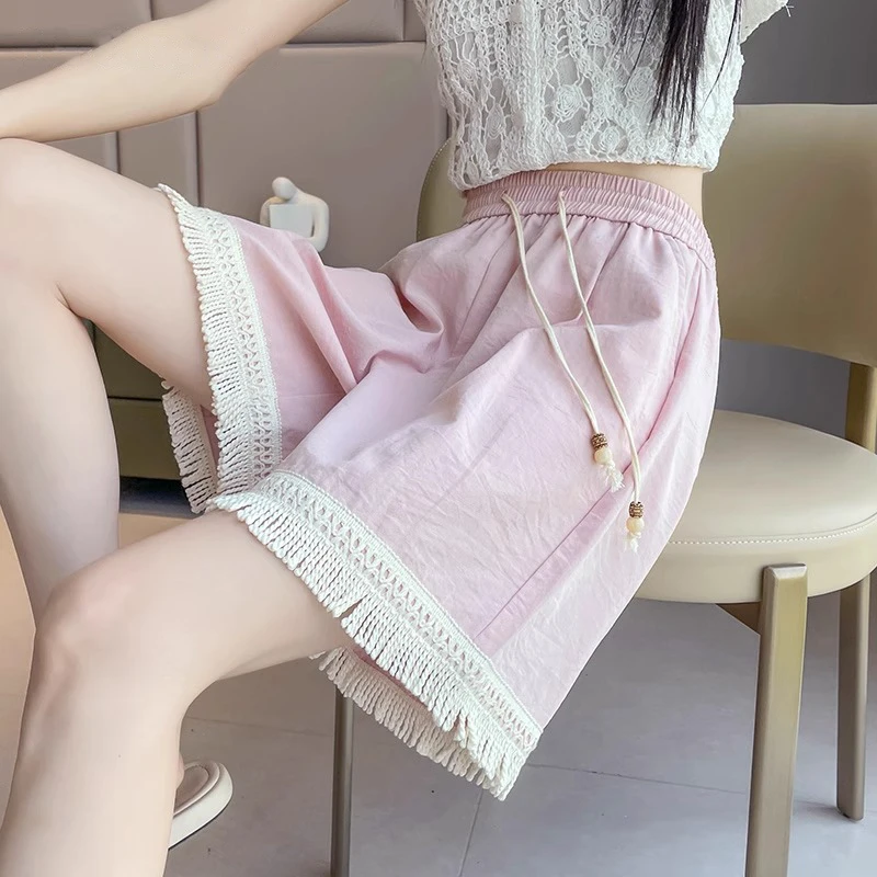 粉色冰丝短裤女夏季薄款2025新款设计感流苏阔腿小个子五分裤子