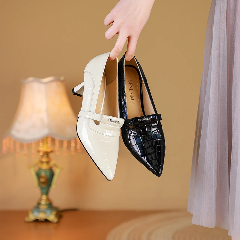 SLM牛皮9188尖头单鞋6CM/33-40亮面漆皮尖头高跟百搭手工单鞋女鞋