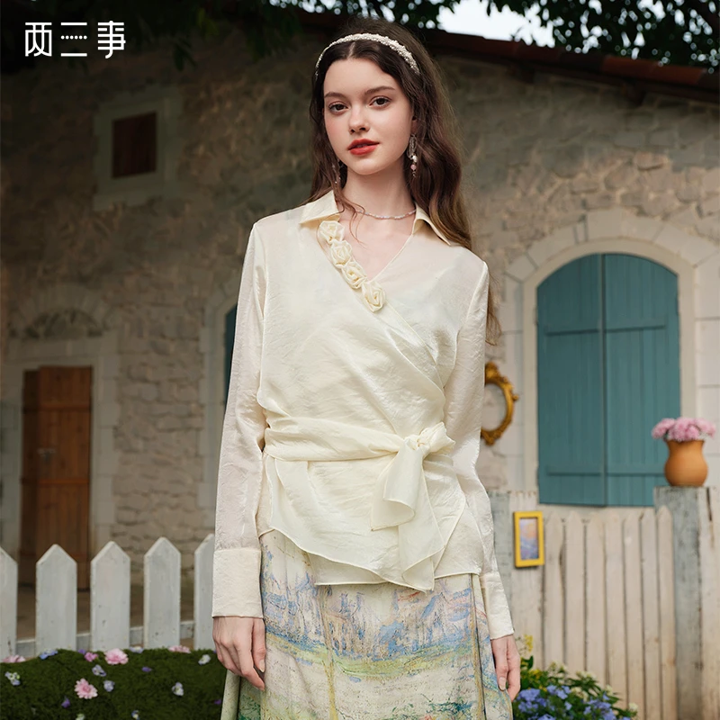 两三事春光拾忆欧若风2025春季新款复古立体玫瑰花绑带开衫女宽松