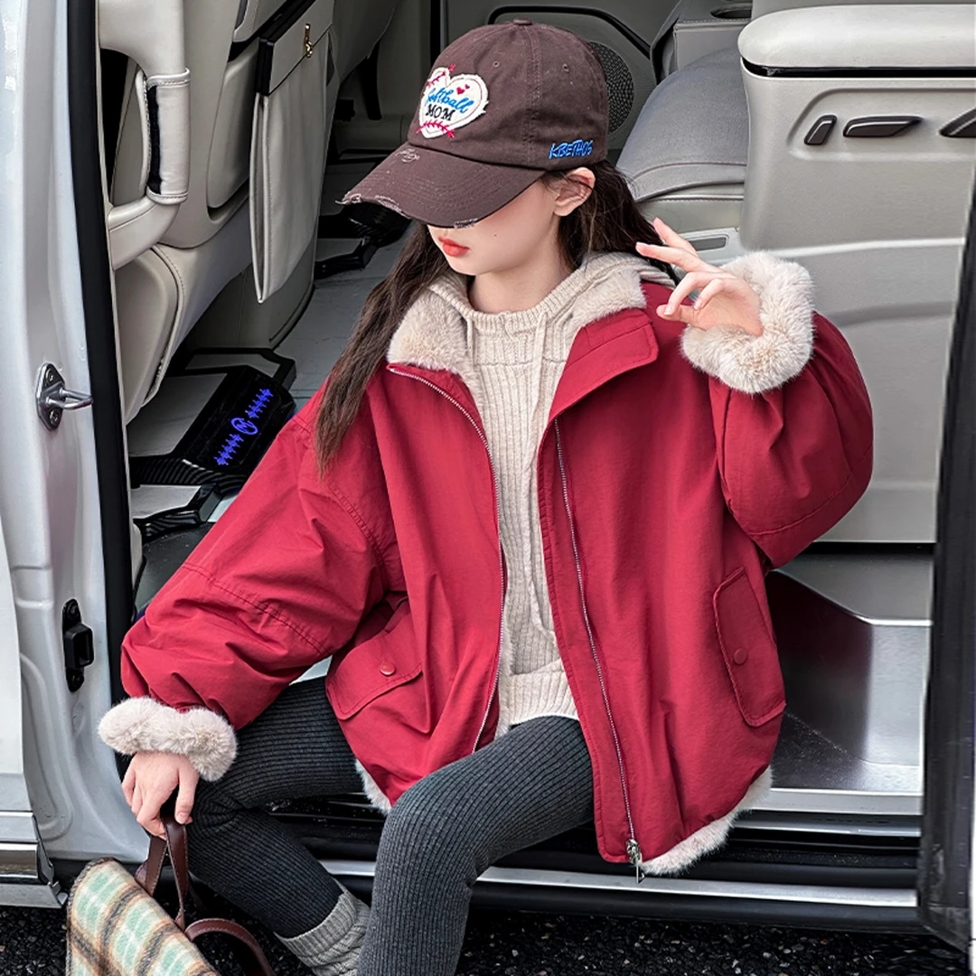 女童双面穿外套2025新款秋冬款儿童洋气时髦加厚夹克女孩冬装上衣