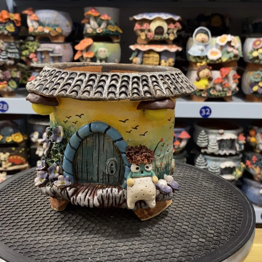 红陶白狐粗陶手捏花盆