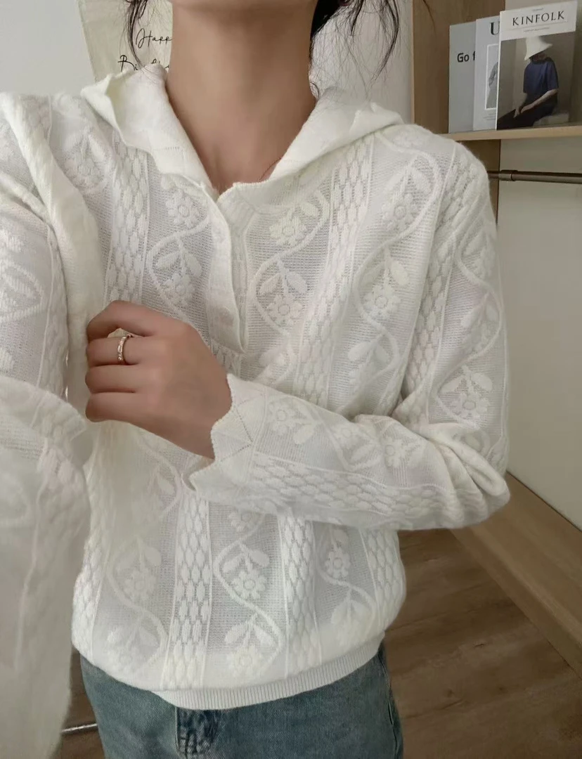 时尚洋气蕾丝白色上衣女春装新款提花连帽独特别致长袖上衣