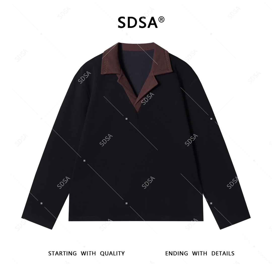 SDSA男士秋冬新款轻奢痞帅男装简约拼色翻领长袖T恤百搭时尚上衣