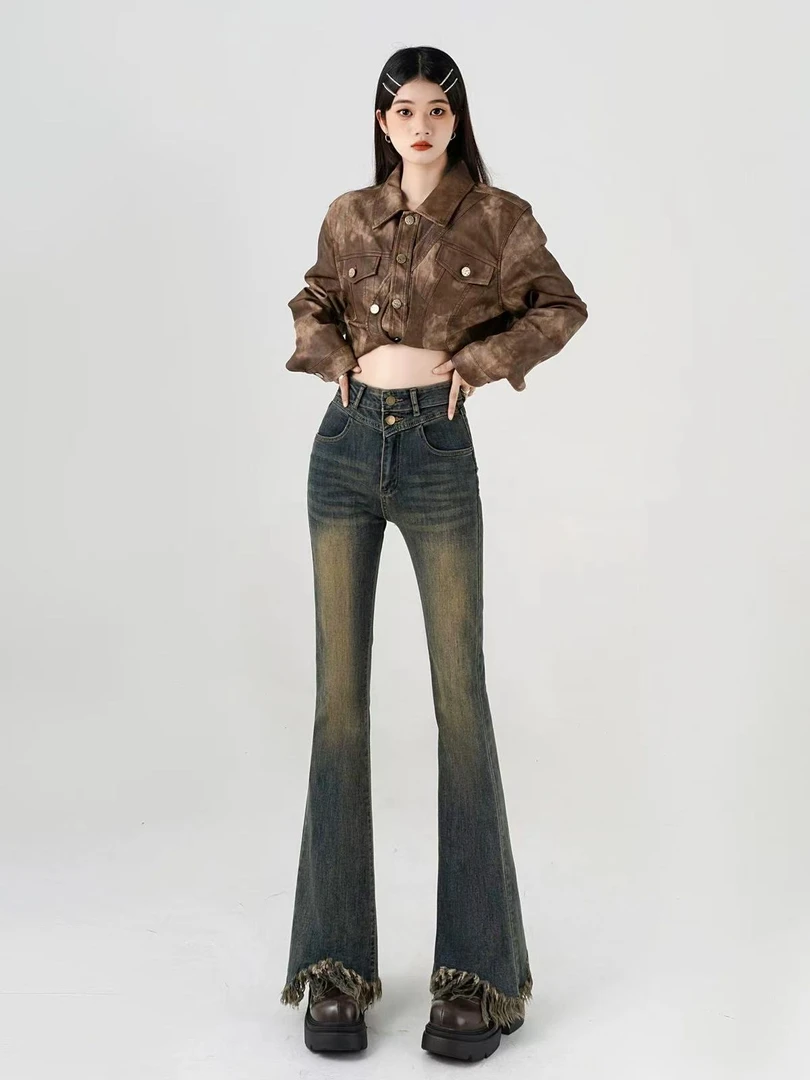 【火】服饰复古高腰微喇牛仔裤女2024秋季新款加绒弹力显瘦