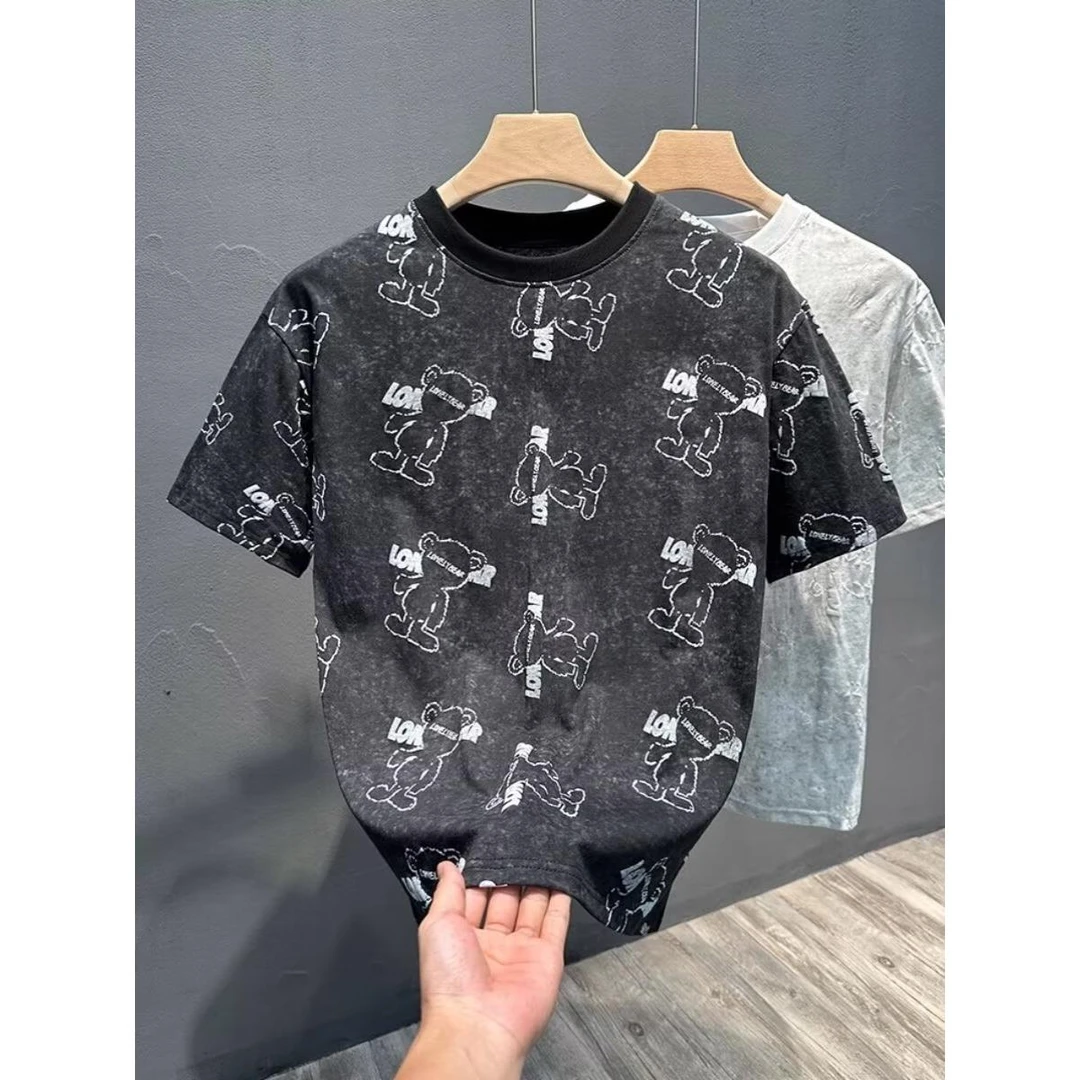 T629短袖t恤男潮牌夏季宽松五分袖潮流ins简约印花上衣潮