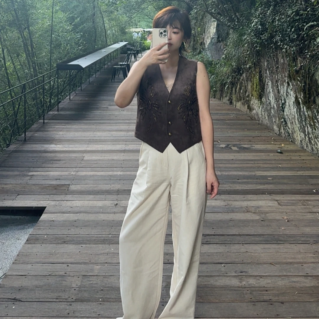 丝麻休闲裤女垂感拖地长裤高腰阔腿裤