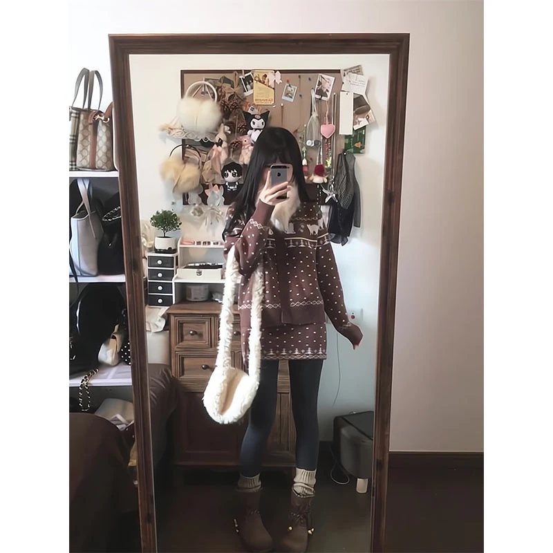 韩系费尔岛精致提花长袖毛衣外套女小众时尚针织衫上衣显瘦半身裙