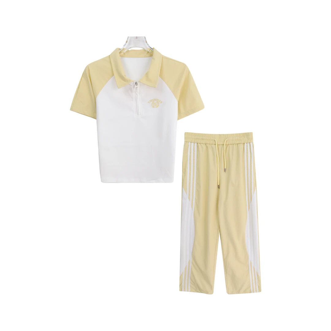 S韩版休闲减龄显瘦撞色短袖侧拉条阔腿裤两件套A14544