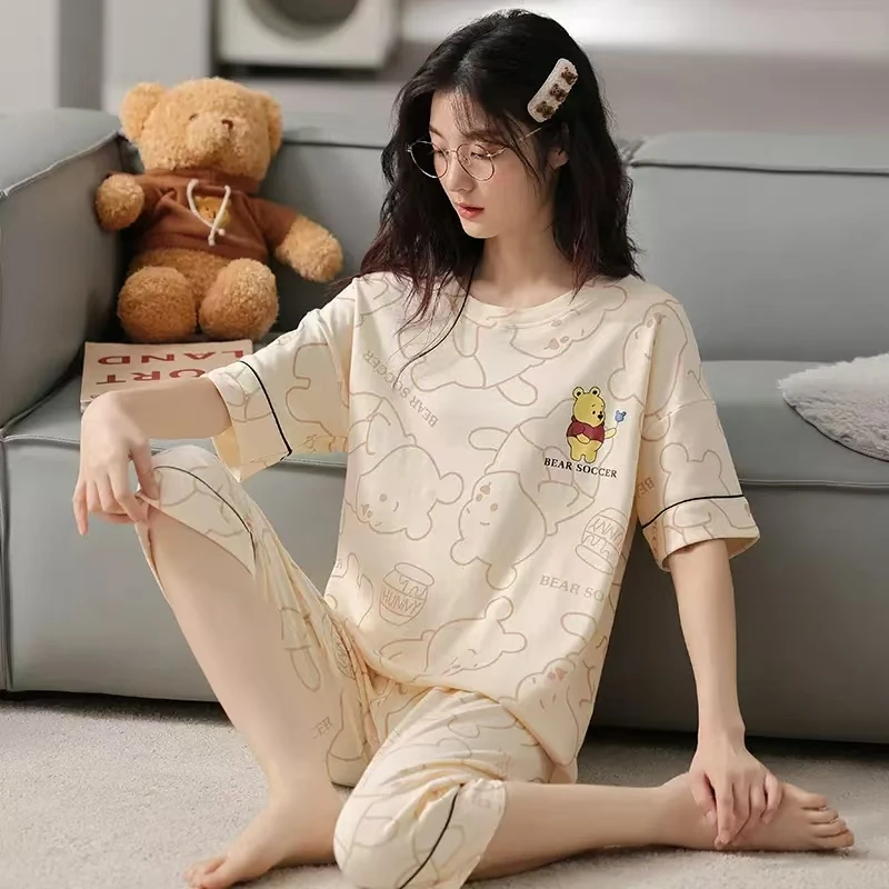 2025年新款带胸垫睡衣女士夏季宽松薄款圆领短袖七分裤居家服套装