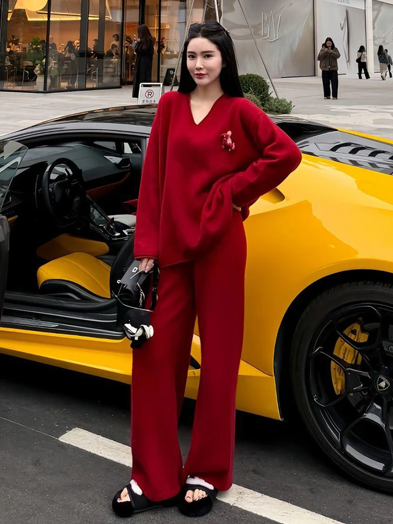 2025超火冬装一整套高级感巨好看韩系chic小香风红色针织休闲套装