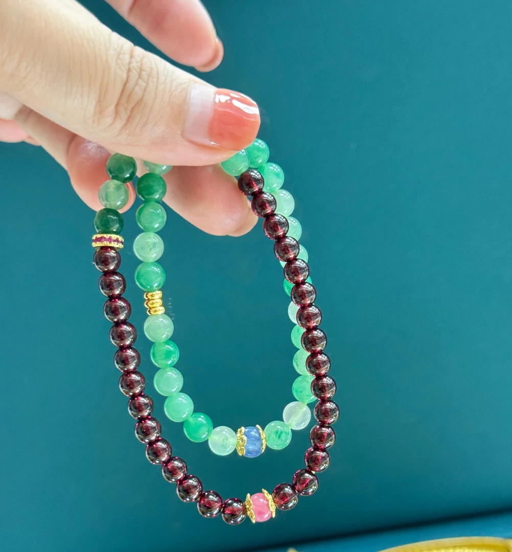 石榴石搭配非洲翠天然水晶两圈手串