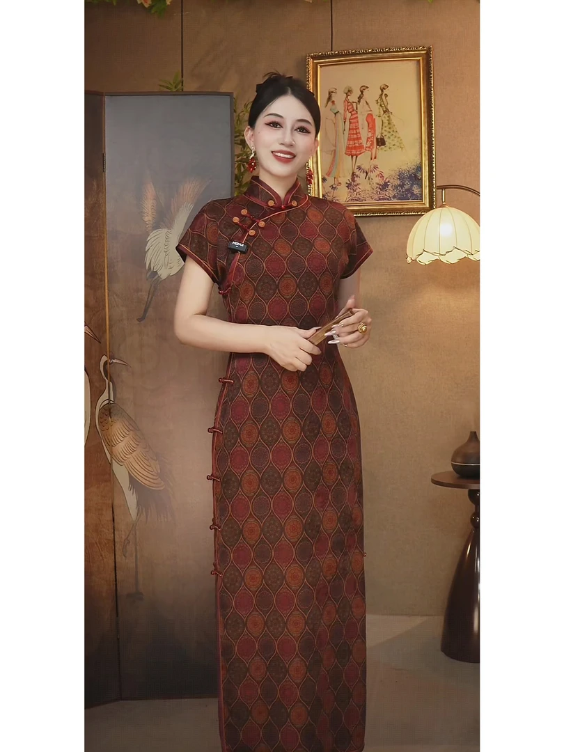 红色菱格纹/靓影儿原创桑蚕丝香云纱古法古典八达晕纹中式旗袍