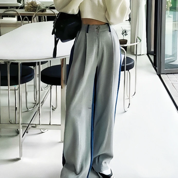 2405 单春秋设计师款链条AB面毛圈拼接牛仔运动直筒裤