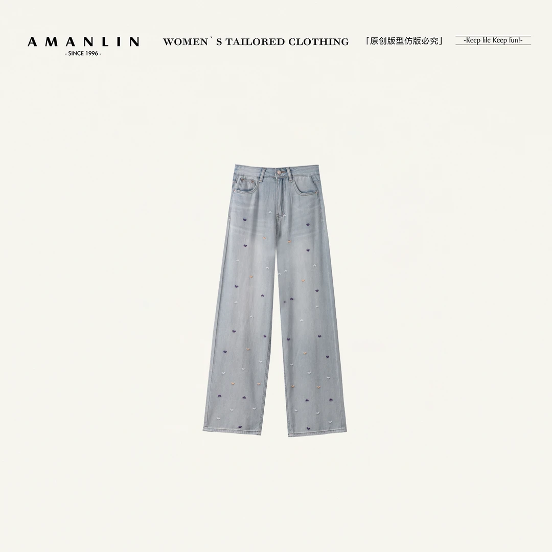 AMANLIN/阿谩琳欧若风水洗浅蓝时尚休闲宽松直筒阔牛仔裤F598663