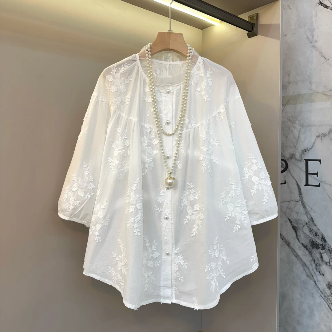 新款拼接蕾丝花边立领重工提花工艺2025大码女装宽松显瘦遮肉上衣