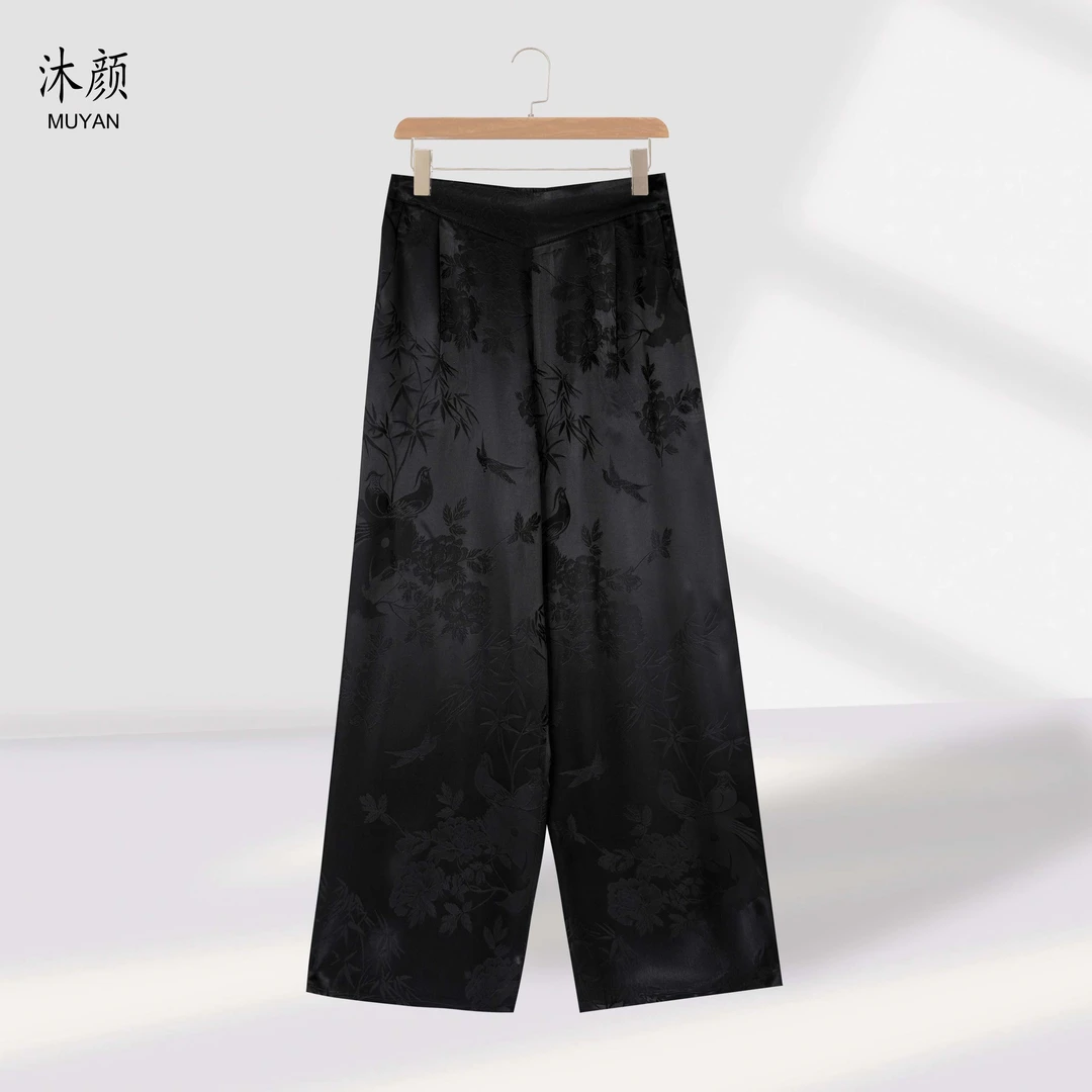 【喜鹊登枝】新中式春夏秋时尚百搭提花高腰直筒阔腿裤258