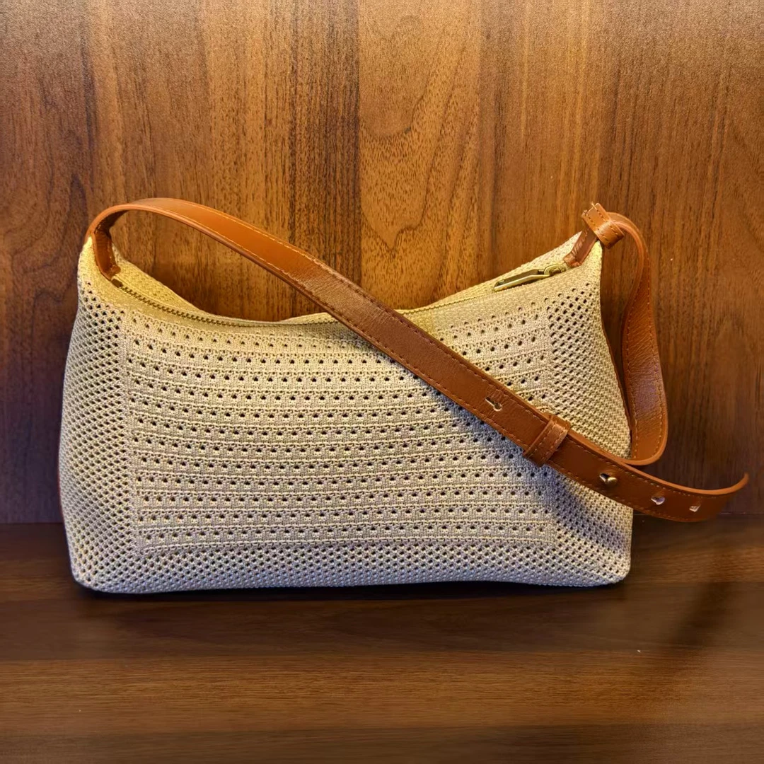 薇薇手工真皮包-卡其色-长27x高16-腋下草编阳A230