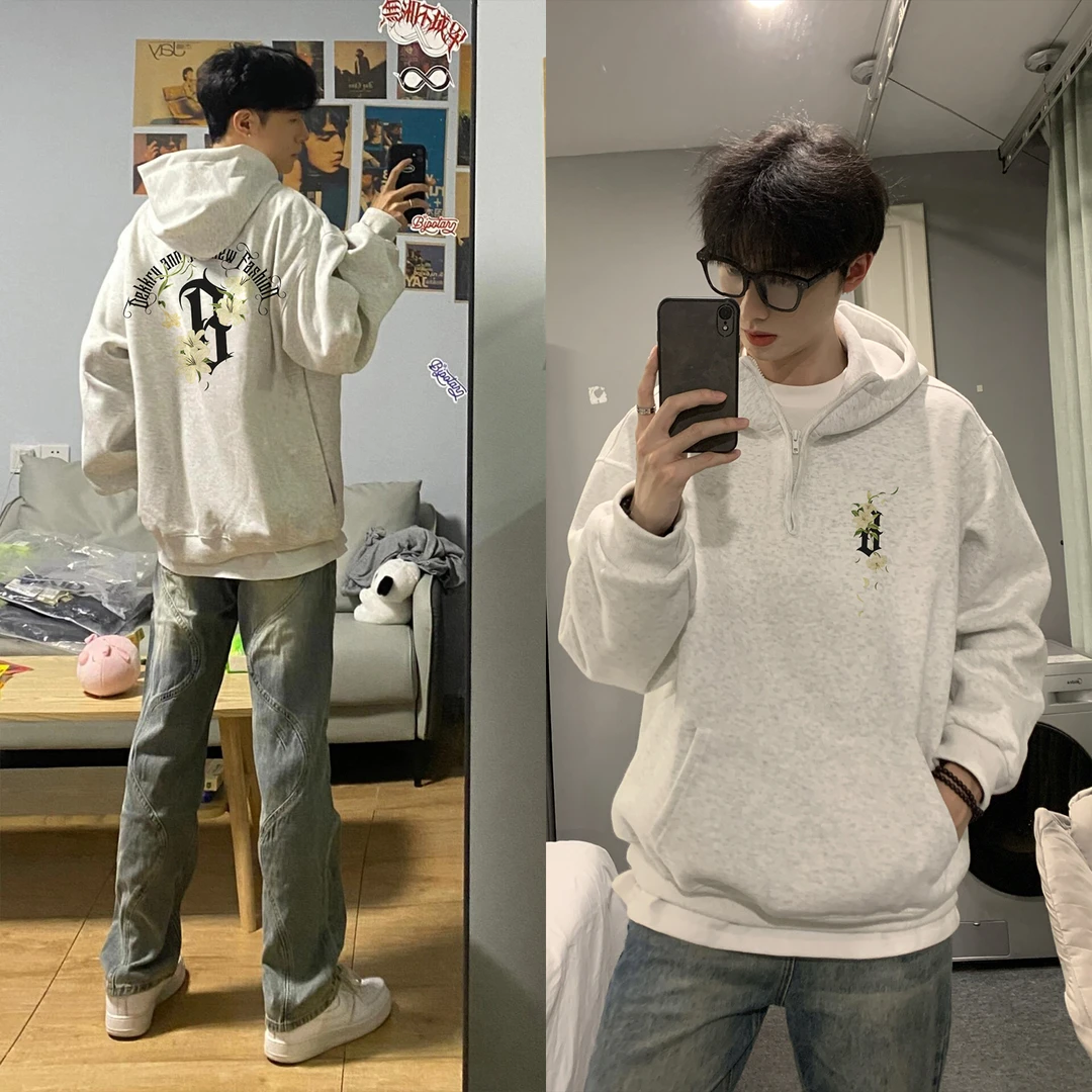 美式ins风花朵字母印花休闲秋冬半拉链卫衣情侣连帽宽松百搭上衣