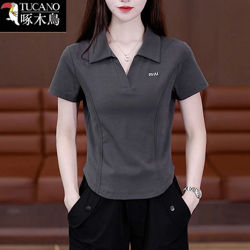 啄木鸟新款休闲百搭翻领纽扣T恤女2025年夏季洋气小众短袖上衣ins