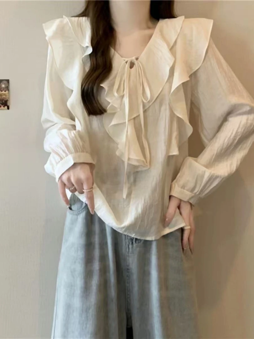 法式荷叶边V领长袖衬衫女