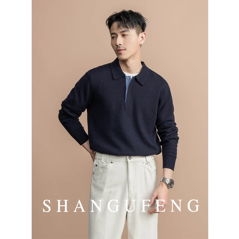 SHANGUFENG羊毛双纱老钱风复古针织毛衣男秋冬时尚翻领Polo羊毛衫