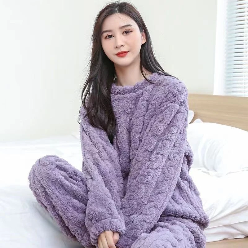 冬季新品加绒加厚家居服女冬季珊瑚绒仙女提花暖暖裤宽松麻花套装