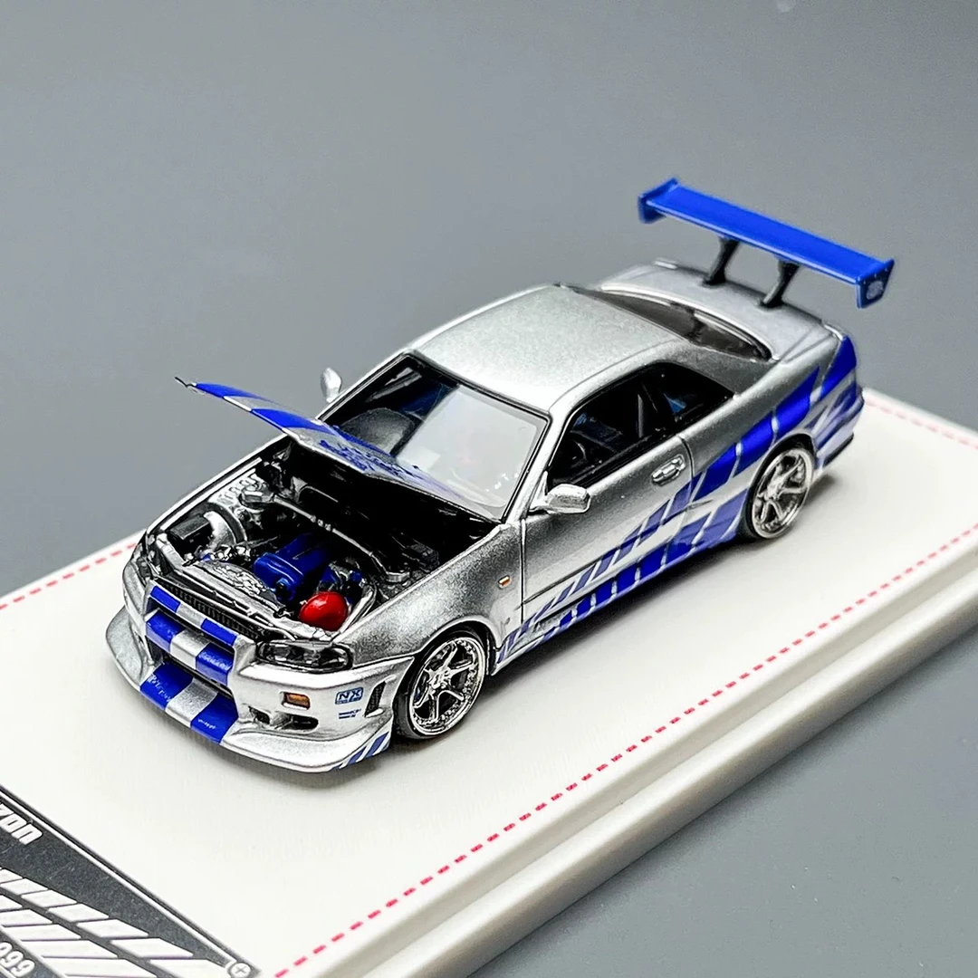 FH 1:64 尼桑 天际线 Skyline GTR R34 银蓝 FNF 合金汽车模型