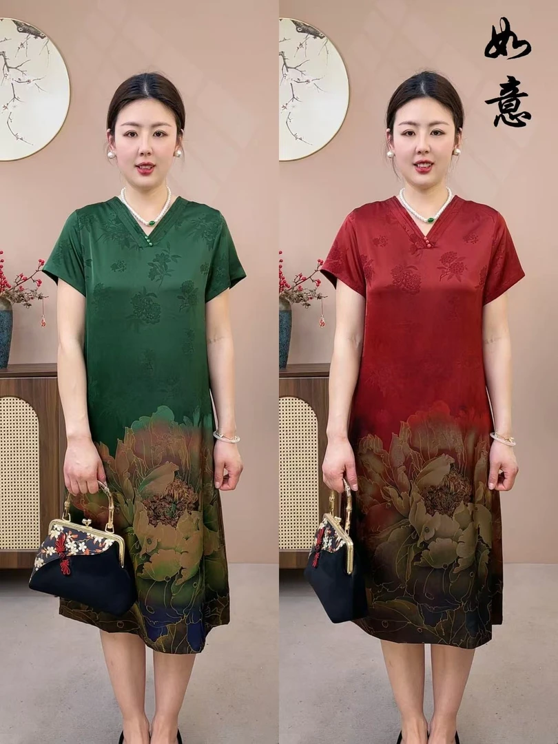 {米月-烟雨江南-连衣裙}2025新款连衣裙中老年夏季印花宽松连衣裙